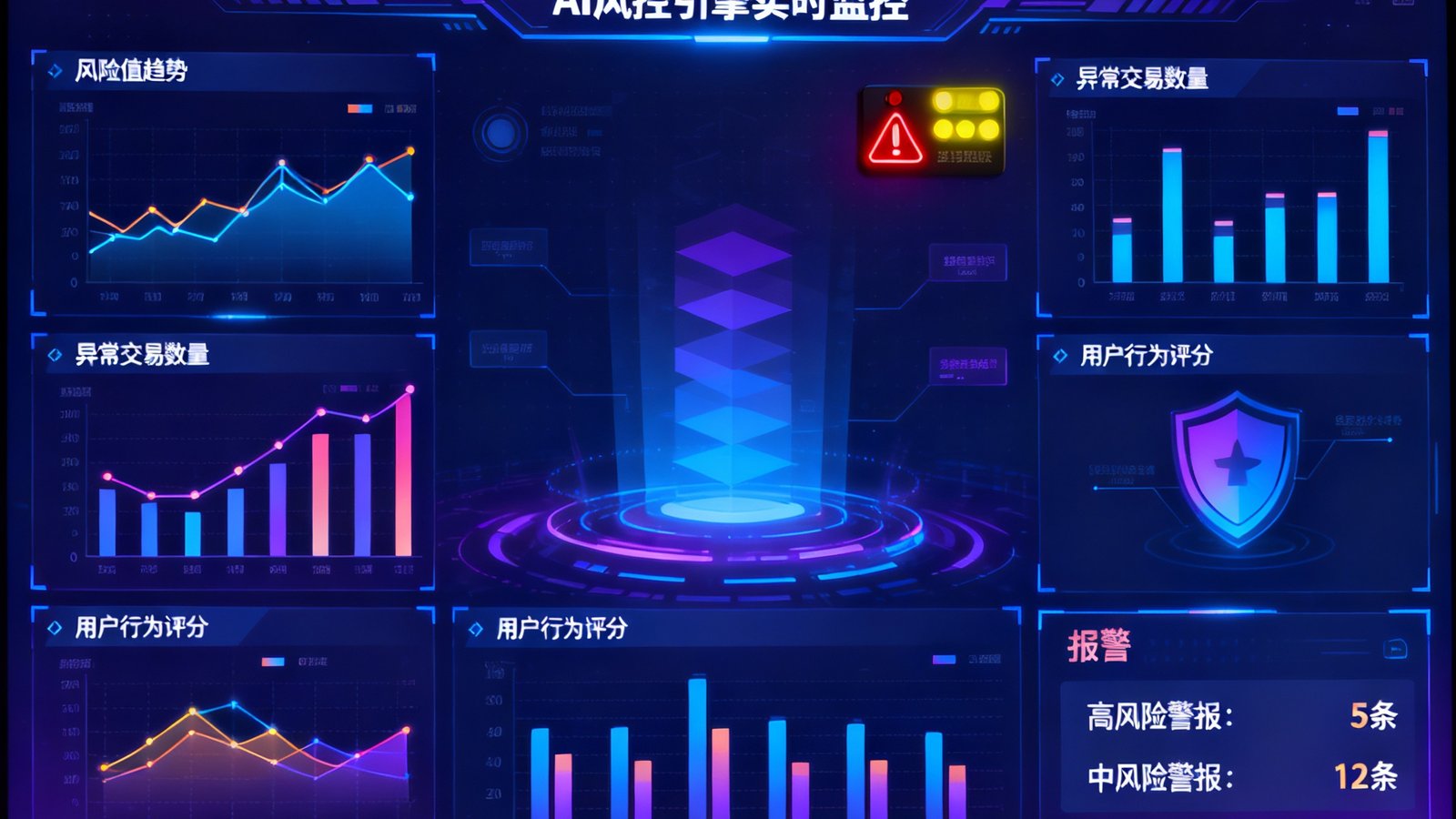 AI风控引擎系统界面截图，展示实时数据监控面板，多个图表和警报指示器闪烁，体现高科技安全防护能力